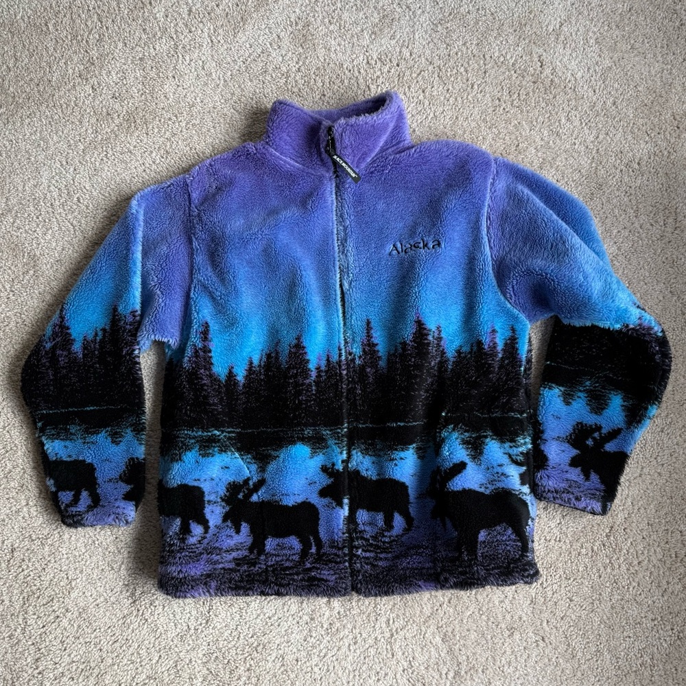 Black Mountain Alaska Moose Trees Fleece Jacket